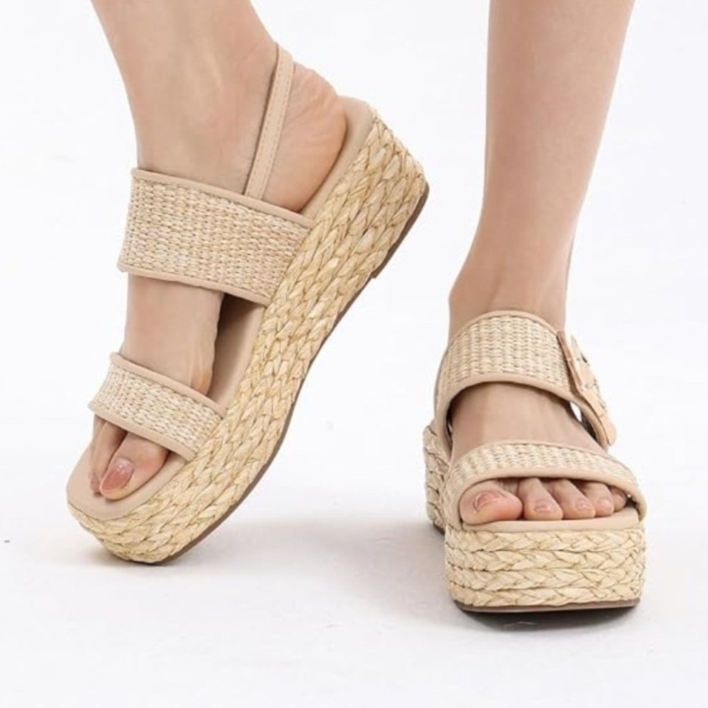 Shoe'N Tale Platform Sandals Women 9 Beige Woven Buckle Espadrille Boho 001